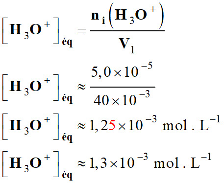 C (H3O+)eq = 1,3 E-3 mol / L