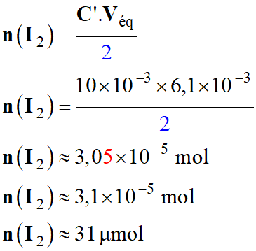 n (I2) = 3,1 E-5 mol