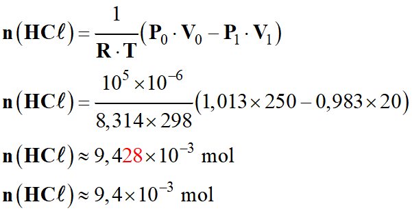 n HCl = 9,4 E-3 mol