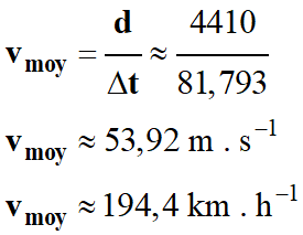 vmoy = 53,92 m/s = 194,4 km/h